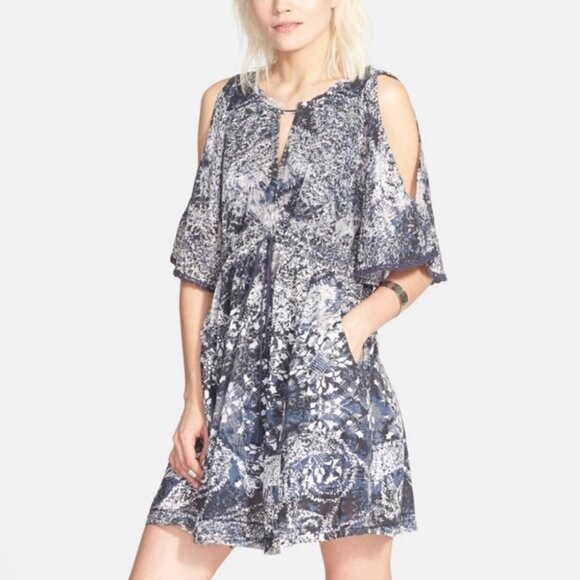 Free People blue printed Love Birds  mini dress / long tunic bohemian w/pockets - Picture 12 of 16